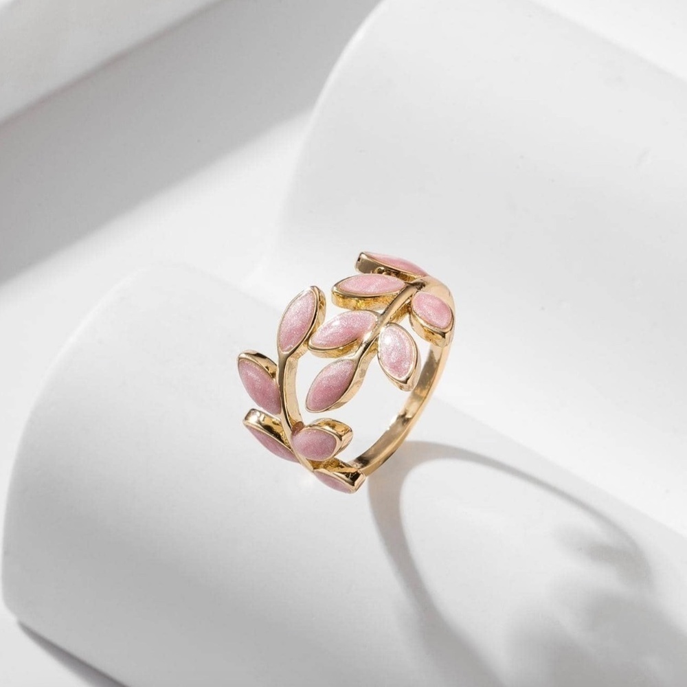 Leaf Design Cuff Ring Gold Pink Adjustable Boho Festival Leaves‎ Botany Plant